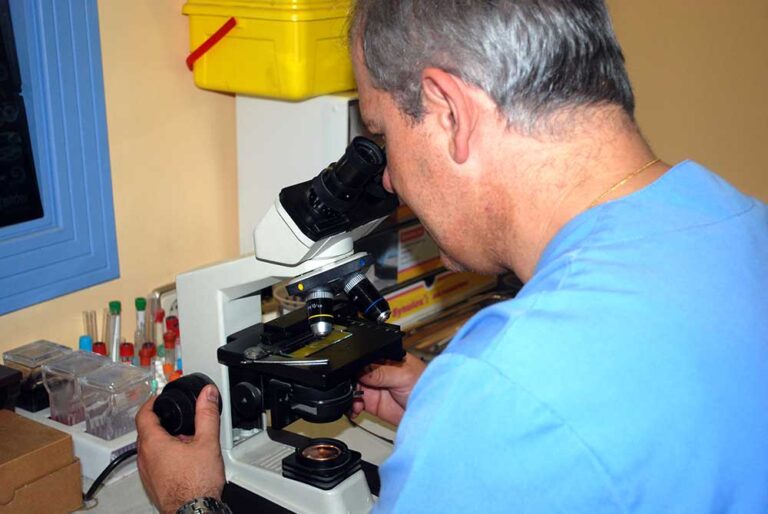 Veterinario observando con el microscopio en el laboratorio de le clínica